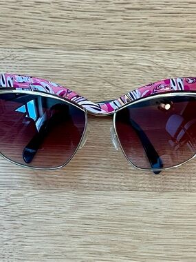 Emilio Pucci Pink Print Cat Eye Sunglasses Gold Semi-Rimless Italy